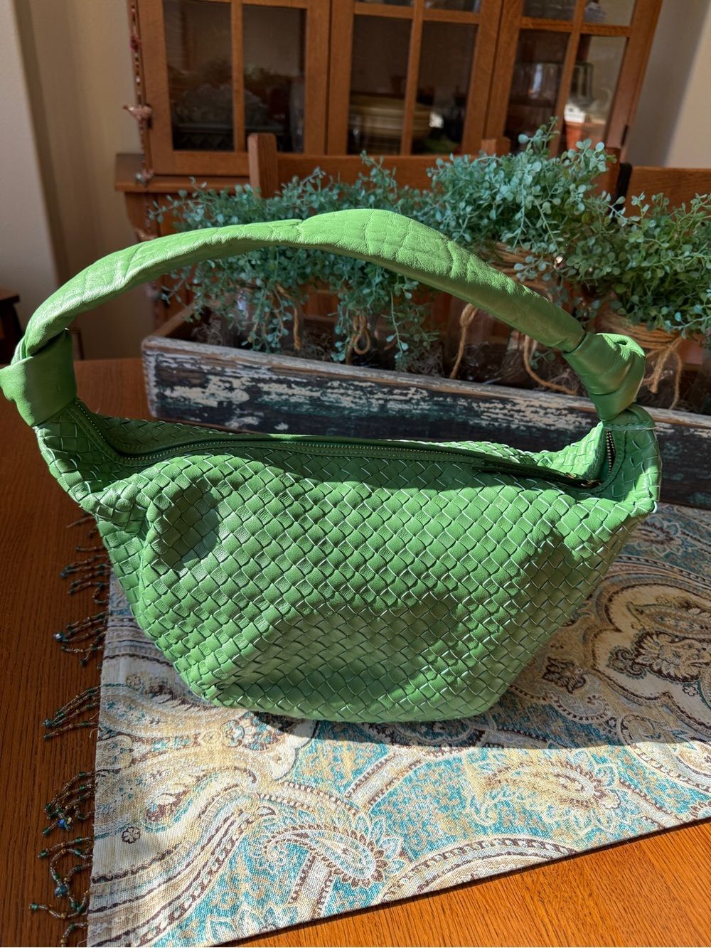 Giorgia Milani Leather Hobo Bag Made In Italy Green Woven - Picture 3 of 11